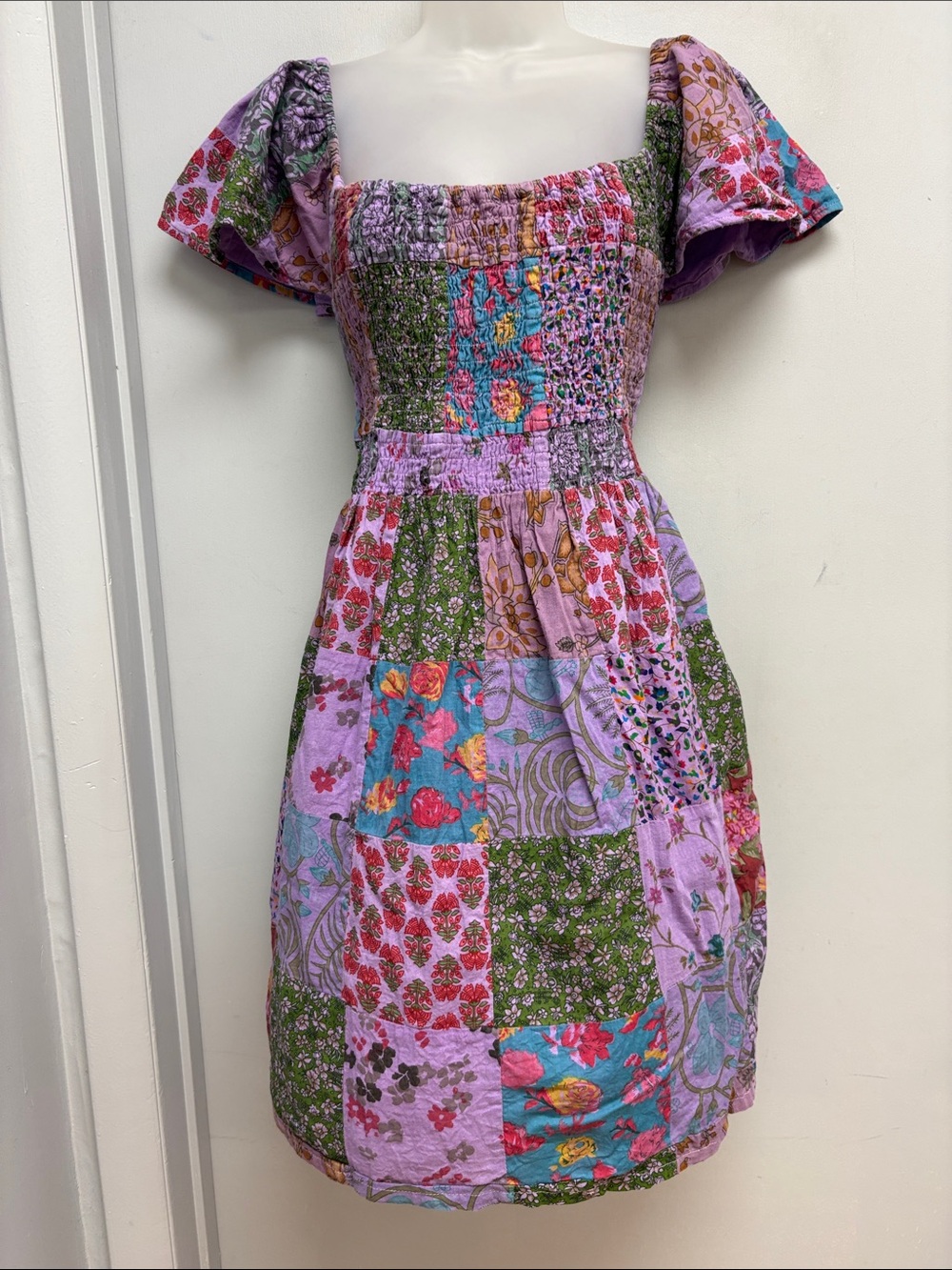 Gypsy Rose Patchwork Floral Smocked Mini Dress 1X Handmade Nepal
